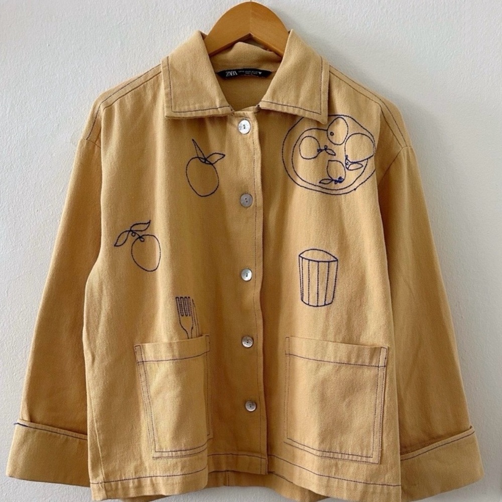 NWT RARE Zara Mustard Yellow Utility Jacket with Blue Food Embroidery